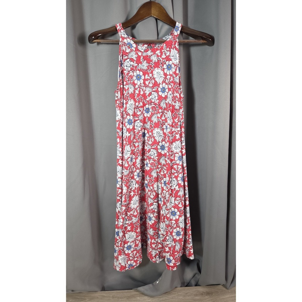 Loft‎ Red Floral Racer Back Mid Length Swing  Dress Large Flowy Soft Comfortable